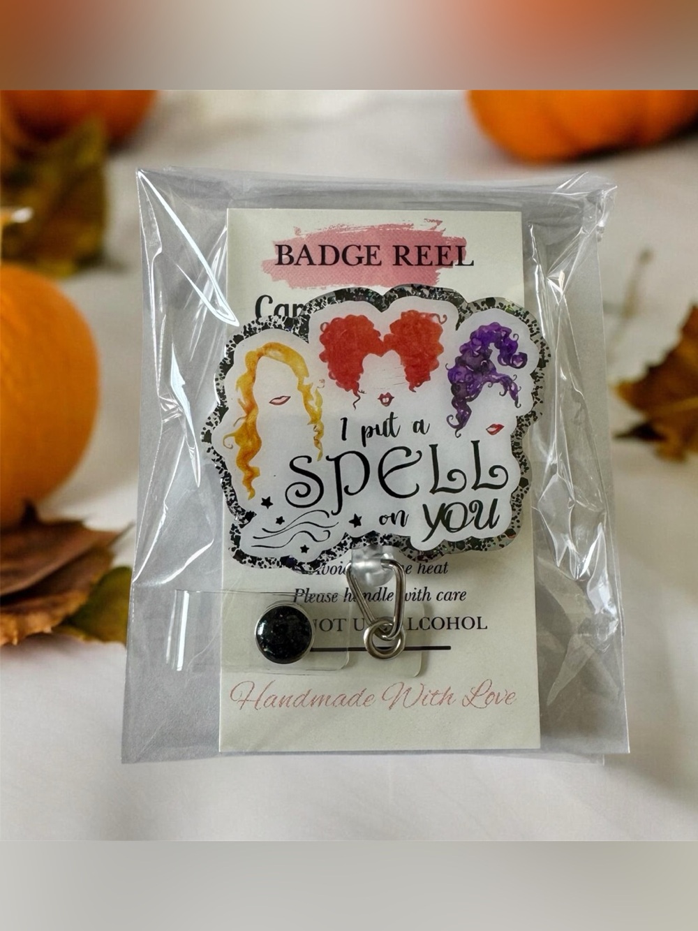 Handmade "I Put a Spell on You" Badge Reel – Orange, Red, Purple